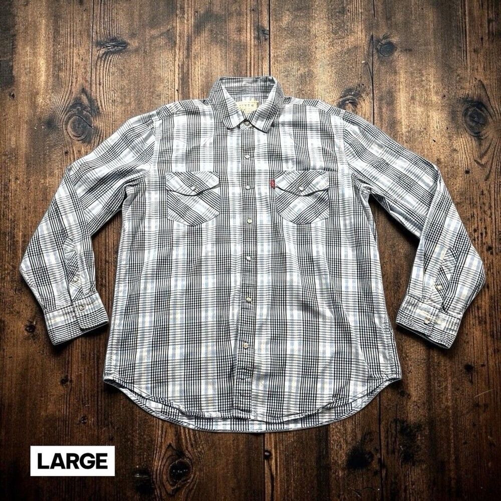 Levis Two Horse Brand Shirt Plaid Peal Snap Western Mens LRG Long Sleeve Cotton